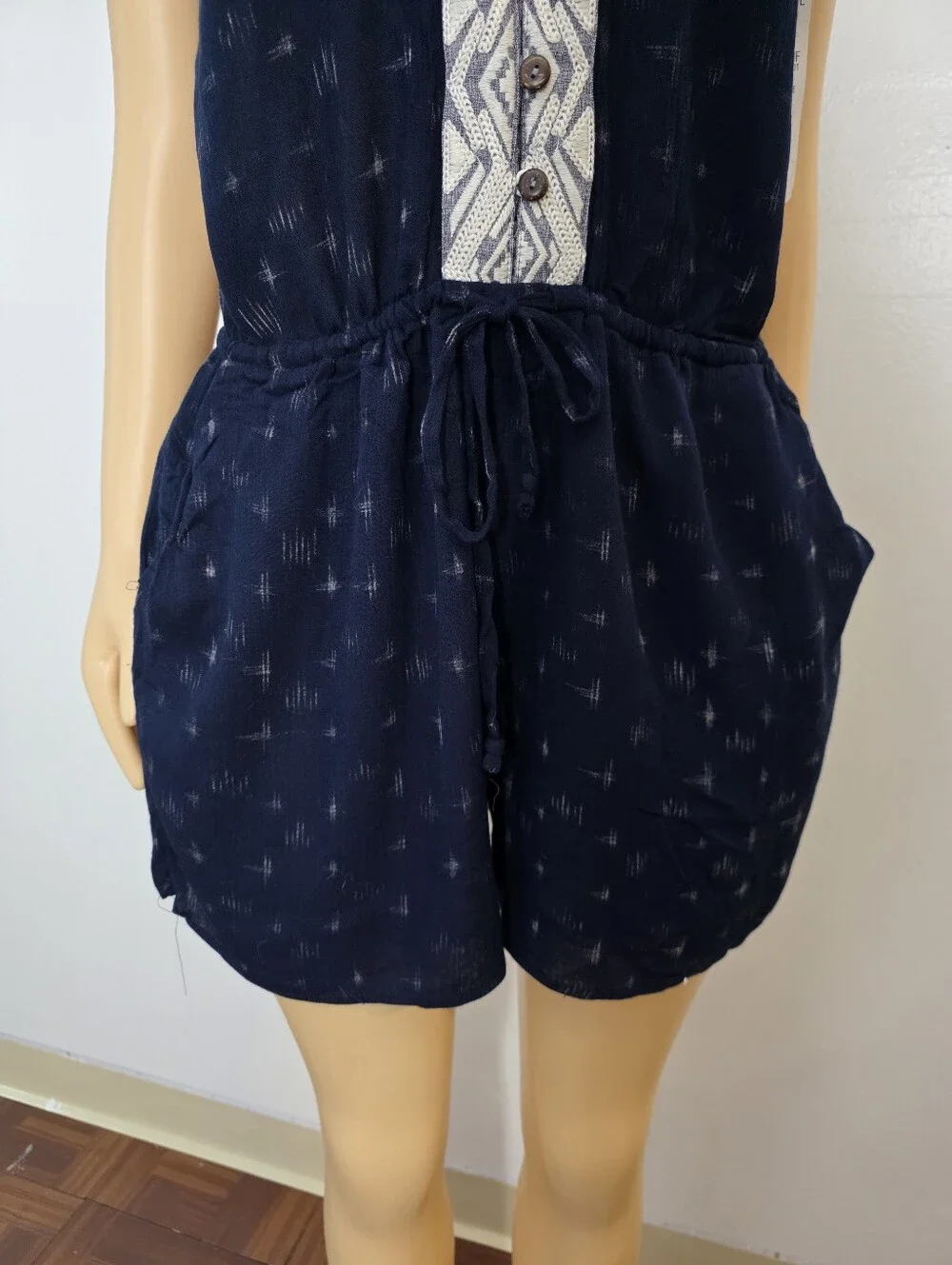 Miss Me Navy Blue Sleeveless Romper with Embroidered Placket Size US/L